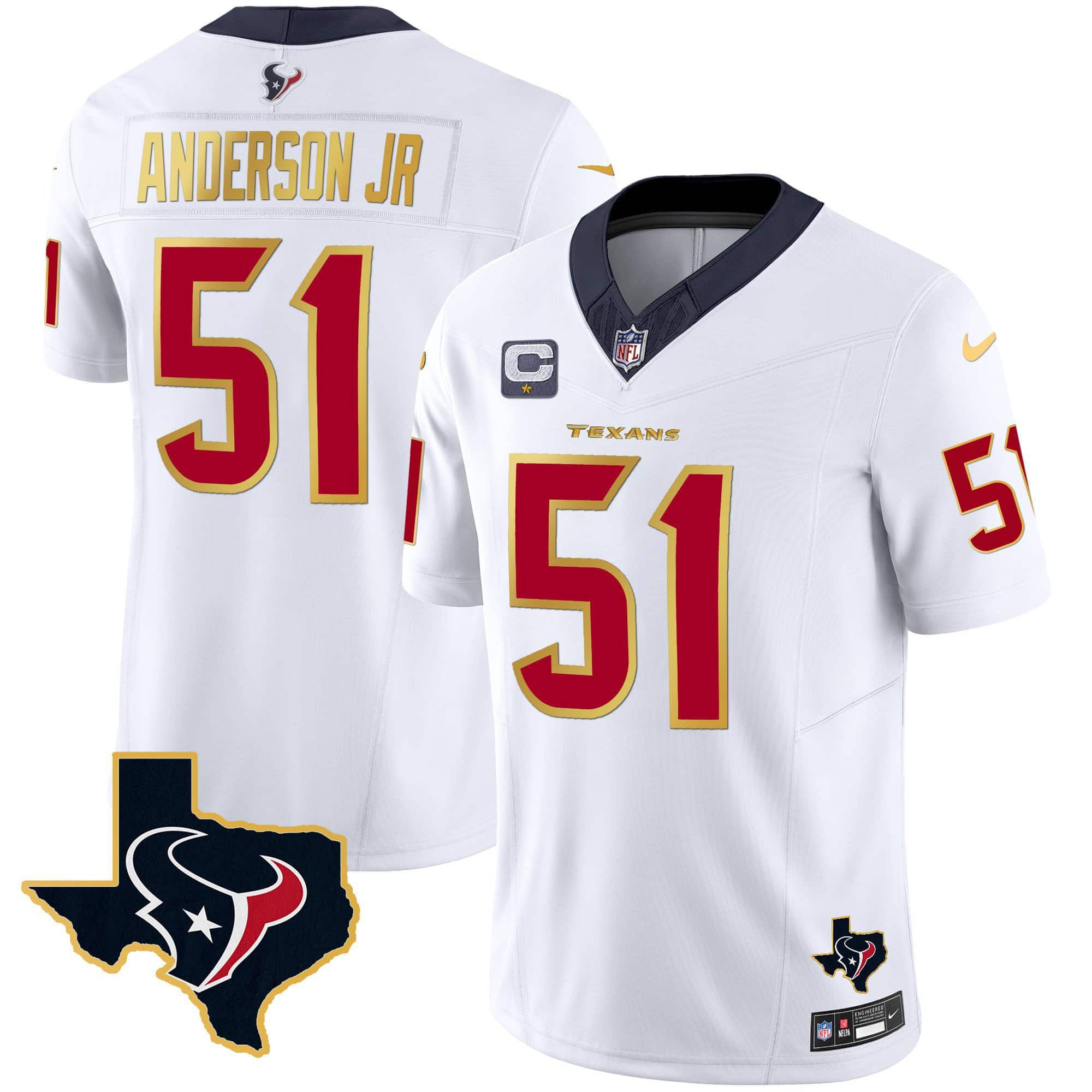 Men Houston Texans #51 Anderson jr White Gold 2024 Nike Trim Vapor NFL Jersey